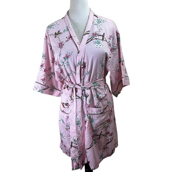 BedHead Pink Pastel Floral / Bird Print | 100% Cotton | Short Sleeve Robe | L - Picture 1 of 7